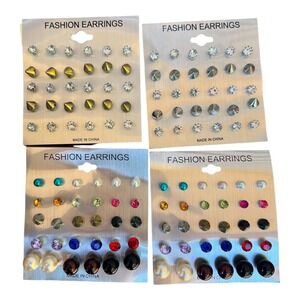 Lot of 60 Pairs Rhinestone Stud Earrings Faux Pearls Metallic Spike Studs